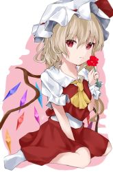Rule 34 | 1girl, absurdres, artist request, ascot, blonde hair, crystal, flandre scarlet, flower, hair between eyes, hat, highres, holding, holding flower, looking at viewer, mob cap, puffy short sleeves, puffy sleeves, red eyes, red ribbon, red skirt, red vest, ribbon, shirt, short sleeves, sitting, skirt, skirt set, socks, solo, touhou, vest, wariza, white background, white hat, white socks, wings