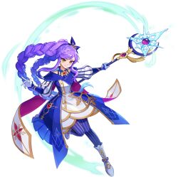 Rule 34 | 1girl, archmage (latale), braid, cloak, highres, holding, holding staff, latale, magic, pantyhose, purple hair, shirt, snowflakes, solo, staff, transparent background, white footwear, white shirt, yellow eyes