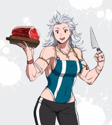Rule 34 | 1girl, abs, breasts, dorohedoro, food, highres, large breasts, leotard, looking at viewer, meat, muscular, muscular female, noi (dorohedoro), pants, plate, red eyes, smile, uei (uei73661268), white hair