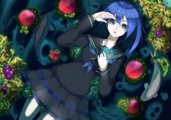 Rule 34 | 1girl, bad id, bad pixiv id, blue hair, doko tetora, fish, looking at viewer, lying, open mouth, original, pale skin, phone, psychedelic, school uniform, solo
