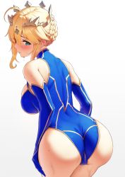 Rule 34 | artoria pendragon (fate), artoria pendragon (lancer) (fate), ass, bare shoulders, bent over, blonde hair, blue leotard, blush, braid, braided bun, breasts, crown, detached sleeves, dripping, elbow gloves, fate/grand order, fate (series), gloves, green eyes, hair between eyes, hair bun, halterneck, hands on own hips, headgear, heattech leotard, highres, large breasts, leaning forward, leotard, looking at viewer, looking back, simple background, skin tight, skindentation, solar (happymonk), solo, sweat, sweatdrop, thick thighs, thighs, turning head, turtleneck, wet, white background