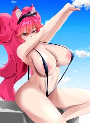 Rule 34 | 1girl, absurdres, animal ears, areola slip, arms up, bikini, black bikini, black hairband, blue sky, breasts, cat ears, cat girl, cloud, covered erect nipples, expressionless, feet out of frame, female focus, from side, hairband, highres, huge breasts, indie virtual youtuber, knee up, long hair, looking at viewer, lunaria ayaren, neffario, outdoors, outstretched arms, red eyes, red hair, shaded face, sitting, sky, slingshot swimsuit, solo, stretching, swimsuit, thighs, twintails, virtual youtuber, wide hips