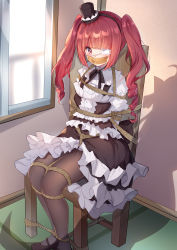 Rule 34 | 1girl, absurdres, bdsm, black pantyhose, blush, bondage, bound, breasts, brown eyes, brown hair, clothes lift, dress, drill hair, eyepatch, frilled dress, frills, gag, gagged, gothic lolita, hanazono yurine, hat, highres, improvised gag, indoors, jashin-chan dropkick, kaga mi, lolita fashion, looking at viewer, mini hat, on chair, pantyhose, restrained, rope, shoes, skirt, skirt lift, small breasts, solo, tape, tape gag, thighhighs, thighs, tied to chair, tied up (nonsexual), twintails, window