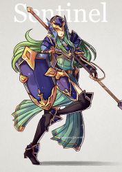 Rule 34 | 1girl, armor, bad id, bad tumblr id, breastplate, fire emblem, fire emblem: path of radiance, fire emblem: radiant dawn, green eyes, green hair, grey background, gzei, helm, helmet, high heels, holding, holding spear, holding weapon, long hair, looking at viewer, nephenee, nintendo, pauldrons, polearm, shoulder armor, simple background, skirt, solo, spear, thighhighs, weapon