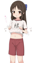 Rule 34 | 1girl, blue bow, blush, bow, brown eyes, brown hair, clothes lift, commentary request, gym shirt, gym uniform, hair bow, highres, idolmaster, idolmaster cinderella girls, lifted by self, long hair, looking at viewer, navel, parted lips, red shorts, shirt, shirt lift, short sleeves, shorts, simple background, solo, sound effects, t-shirt, tachibana arisu, takasuma hiro, variant set, white background, white shirt