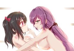 Rule 34 | 10s, 2girls, black hair, blush, body blush, breasts, finger in another&#039;s mouth, green eyes, highres, large breasts, long hair, looking at another, love live!, love live! school idol project, multiple girls, nipples, purple hair, red eyes, saliva, sketch, small breasts, tojo nozomi, twintails, yazawa nico, yuri, zheyi parker