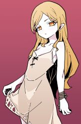 Rule 34 | 1girl, akableak, bare shoulders, blonde hair, closed mouth, clothes lift, collarbone, commentary, cowboy shot, dress, dress lift, earrings, highres, jewelry, kiss-shot acerola-orion heart-under-blade, kizumonogatari, lifting own clothes, long hair, looking at viewer, md5 mismatch, monogatari (series), oshino shinobu, pink background, pointy ears, red background, simple background, skirt hold, sleeveless, sleeveless dress, solo, standing, yellow eyes