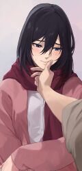 Rule 34 | 1girl, 1other, absurdres, averting eyes, black hair, blush, closed mouth, commentary request, darao (daradara suyaaa), embarrassed, facial scar, finger to another&#039;s mouth, gradient background, grey eyes, hair between eyes, hand on another&#039;s chin, highres, jacket, long hair, long sleeves, looking down, mikasa ackerman, open clothes, open jacket, pink jacket, pov, pov hands, red scarf, scar, scar on cheek, scar on face, scarf, shingeki no kyojin, shirt, shy, sleeves rolled up, sweatdrop, upper body, white shirt