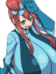 Rule 34 | 1girl, blue eyes, breasts, creatures (company), game freak, gigantic breasts, gloves, gym leader, inu1tou, nintendo, open mouth, pokemon, red hair, skyla (pokemon)