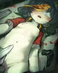Rule 34 | 1girl, 1other, alternate eye color, black hair, black panties, blood, blush, breasts, commentary request, cowboy shot, flat chest, gloves, grey eyes, highres, inverted nipples, jiangshi, lace-trimmed sleeves, lace trim, looking down, lying, making-of available, medium hair, miyako yoshika, navel, nipples, ofuda, on back, open mouth, operating table, pale skin, panties, unworn panties, piaki, pussy, red shirt, scared, shirt, short sleeves, small breasts, solo focus, surgical scissors, sweat, table, touhou, uncensored, underwear, white gloves