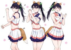 Rule 34 | 1girl, absurdres, alternate costume, animal ears, black eyes, black hair, cheerleader, choker, clapping, closed eyes, commentary request, crop top, dancing, eighth note, flying sweatdrops, fox ears, fox tail, green ribbon, hair ribbon, highres, houshou (kancolle), kantai collection, looking at viewer, magai akashi, midriff, multicolored clothes, multiple views, musical note, pleated skirt, purple choker, ribbon, shirt, skirt, sleeveless, sleeveless shirt, smile, tail, white background