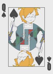 Rule 34 | 1girl, antlers, blonde hair, blue shirt, bolos, card, claws, dragon girl, dragon horns, holding, holding smoking pipe, horns, kicchou yachie, looking at viewer, playing card, pointy ears, queen (playing card), queen of spades, shirt, short hair, short sleeves, smoking pipe, spade (shape), touhou