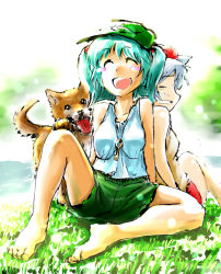 Rule 34 | 2girls, alternate costume, animal, back-to-back, bare legs, barefoot, blue hair, casual, dog, closed eyes, feet, female focus, hair bobbles, hair ornament, hat, highres, inubashiri momiji, kawashiro nitori, multiple girls, open mouth, shiba inu, short hair, shorts, silver hair, smile, stufquin, tokin hat, touhou, twintails, two side up