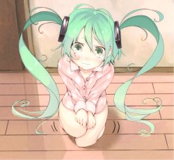Rule 34 | 1girl, bad id, bad pixiv id, from above, furukawa itsuse, green eyes, green hair, hatsune miku, long hair, looking at viewer, matching hair/eyes, solo, twintails, very long hair, vocaloid, wavy mouth, wooden floor