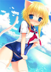 Rule 34 | 1girl, animal ears, bad id, bad pixiv id, blonde hair, blue eyes, blush, cat ears, cat tail, cloud, day, dress, dutch angle, full-face blush, minatsuki alumi, ocean, one-piece swimsuit, original, sailor dress, school swimsuit, school swimsuit flap, school uniform, serafuku, short hair, sky, solo, swimsuit, swimsuit under clothes, tail, thighhighs, white thighhighs