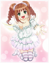 Rule 34 | 1girl, :d, bad id, bad pixiv id, brown hair, chyko7080, female focus, full body, gradient background, green eyes, highres, idolmaster, idolmaster (classic), kneeling, open mouth, reaching, smile, solo, striped clothes, striped thighhighs, takatsuki yayoi, thighhighs, twintails, wings