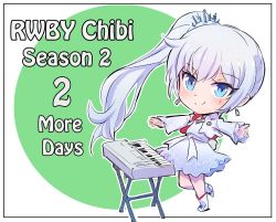 Rule 34 | 1girl, blue eyes, boots, chibi, earrings, english text, hair ornament, iesupa, instrument, jewelry, keyboard (instrument), ponytail, rwby, rwby chibi, scar, scar across eye, scar on face, solo, weiss schnee, white footwear, white hair