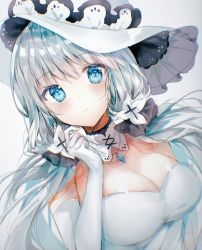 Rule 34 | 1girl, azur lane, bad id, bad pixiv id, blue eyes, blush, breasts, cleavage, closed mouth, dress, elbow gloves, gloves, hat, illustrious (azur lane), large breasts, looking at viewer, ptmko d, solo, strapless, strapless dress, sun hat, white dress, white gloves, white hair, white hat