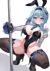 Rule 34 | 1girl, absurdres, animal ears, annoyed, arms behind back, bare shoulders, black footwear, black leotard, blue hair, blue necktie, blush, breasts, cleavage, closed mouth, crossed bangs, detached sleeves, eula (genshin impact), fake animal ears, full body, genshin impact, gloves, gluteal fold, hair over shoulder, hairband, high heels, highleg, highleg leotard, highres, large breasts, leotard, long hair, long sleeves, looking at viewer, mz (yeye ai chipao mian), necktie, playboy bunny, pole, pole dancing, rabbit ears, raised eyebrow, simple background, solo, split, spread legs, squatting, stripper pole, thick thighs, thighhighs, thighs, white background, wide sleeves