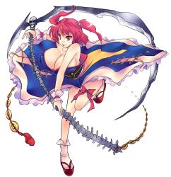 Rule 34 | 1girl, :p, alternate weapon, breasts, cleavage, female focus, full body, hair bobbles, hair ornament, highres, huge breasts, onozuka komachi, panbai, red eyes, red hair, scythe, short hair, solo, tongue, tongue out, touhou, transparent background, weapon