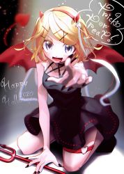 Rule 34 | 1girl, absurdres, bare shoulders, black background, black dress, black nails, blonde hair, blood, blood on face, blurry, blurry foreground, bokeh, collarbone, commentary, demon costume, demon tail, demon wings, depth of field, dress, fang, foreshortening, gouya daifuku, hair ornament, hairband, hairclip, halloween, halloween costume, happy halloween, heart, highres, horns, huge filesize, kagamine rin, looking at viewer, nail polish, open mouth, outstretched arm, pointing, pointing at viewer, polearm, red wings, seiza, short hair, sitting, smile, solo, spotlight, swept bangs, tail, thigh strap, trident, vocaloid, weapon, wings