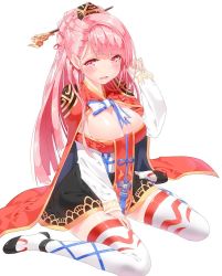 Rule 34 | 1girl, blush, breasts, cape, cleavage, hair ornament, korean clothes, large breasts, long hair, mx2j, open mouth, pink eyes, pink hair, sitting, solo, thighhighs, wariza, white background, white thighhighs