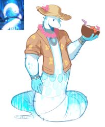 Rule 34 | 1boy, alternate costume, bara, coconut cup, david rigel, furry, furry male, hat, hawaiian shirt, highres, live a hero, male focus, muscular, muscular male, personification, rasalhague (live a hero), shirt, snake boy, solid oval eyes, solo, standing, sun hat, white fur