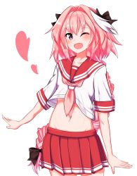 Rule 34 | 1boy, androgynous, astolfo (fate), astolfo (sailor paladin) (fate), black bow, blouse, bow, braid, chawan (yultutari), cowboy shot, fang, fate/apocrypha, fate/grand order, fate (series), hair intakes, hair ribbon, heart, highres, long hair, looking at viewer, male focus, miniskirt, multicolored hair, navel, neckerchief, official alternate costume, one eye closed, open mouth, pink hair, pink neckerchief, pleated skirt, purple eyes, red sailor collar, red skirt, ribbon, sailor collar, shirt, short sleeves, simple background, single braid, skirt, solo, standing, streaked hair, striped clothes, striped skirt, trap, very long hair, white background, white shirt