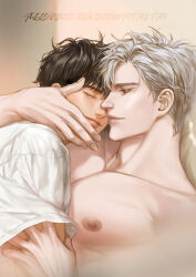 Rule 34 | 2boys, brown hair, closed eyes, closed mouth, collarbone, german text, hand on another&#039;s face, hand under clothes, hand under shirt, ilay riegrow, indoors, jeong taeui, korean commentary, male focus, multiple boys, muscular, muscular male, neaeheu, nipples, passion (manhwa), pectorals, shirt, short hair, sleeping, sleeping on person, tan, white hair, white shirt, yaoi