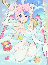Rule 34 | 1girl, animal ears, bath, bathing, bird, blue hair, breasts, bubble, bubble bath, bulleta, capcom, cat ears, cat tail, claws, convenient censoring, duck, felicia (vampire), highres, large breasts, long hair, one eye closed, smile, soap bubbles, soap censor, star, tail, toy, vampire (game), very long hair, water, yumecan2