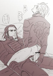 Rule 34 | 10s, 2boys, anal, artist request, ass, bed, bottomless, censored, erection, final fantasy, final fantasy xv, gladiolus amicitia, gloves, ignis scientia, lying, male focus, male penetrated, multiple boys, penis, penis grab, scar, sex, straddling, tagme, wince, yaoi