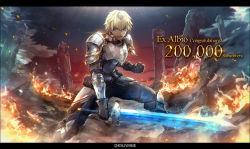 Rule 34 | 1boy, armor, blonde hair, blue eyes, clenched hand, commentary request, english text, ex albio, fire, gloves, k-suwabe, looking at viewer, male focus, nijisanji, open mouth, ruins, short hair, sky, solo, sword, twitter username, virtual youtuber, weapon