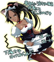Rule 34 | animal ears, bleach, breasts, cat ears, cat tail, cleavage, dark skin, headdress, lowres, maid, shihouin yoruichi, tail, translation request