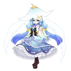 Rule 34 | 1girl, anmita (rarutos), blue eyes, blue hair, boots, cross print, dress, flower hat, frilled dress, frills, full body, hair ornament, hat, long hair, official art, original, smile, solo, tamako sant&#039;angelo, touhou, transparent background, twintails, wings