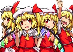Rule 34 | 4girls, :d, ^ ^, bad id, bad pixiv id, blonde hair, closed eyes, dai-erie, closed eyes, fang, flandre scarlet, four of a kind (touhou), gerijita, hat, hat ribbon, mob cap, multiple girls, open mouth, puffy short sleeves, puffy sleeves, red eyes, ribbon, short hair, short sleeves, side ponytail, skirt, smile, touhou, vest, wings