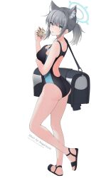 Rule 34 | 1girl, absurdres, animal ear fluff, animal ears, artist name, bag, black one-piece swimsuit, blue archive, blue eyes, breasts, competition swimsuit, cross hair ornament, extra ears, full body, grey hair, hair ornament, halo, highres, holding, low ponytail, mashiro arts, medium breasts, medium hair, mismatched pupils, multicolored clothes, multicolored swimsuit, official alternate costume, one-piece swimsuit, sandals, sea urchin, shiroko (blue archive), shiroko (swimsuit) (blue archive), simple background, solo, swimsuit, white background, wolf ears