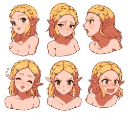 Rule 34 | 1girl, :d, :o, ^ ^, absurdres, angry, annoyed, babusgames, bare shoulders, blonde hair, blush, braid, breasts, cleavage, closed eyes, collarbone, embarrassed, expression chart, flying sweatdrops, french braid, green eyes, hair ornament, happy, highres, light blush, medium hair, multiple views, nintendo, nose blush, nude, open mouth, pointy ears, princess zelda, sad, simple background, smile, sweatdrop, the legend of zelda, the legend of zelda: breath of the wild, the legend of zelda: tears of the kingdom, white background