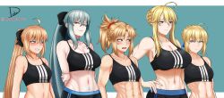 Rule 34 | 5girls, absurdres, ahoge, arms behind back, artoria caster (fate), artoria pendragon (fate), artoria pendragon (lancer) (fate), black shorts, black sports bra, blonde hair, blue choker, blue eyes, braid, braided bun, breast envy, breasts, choker, clenched teeth, collarbone, commentary request, fate/grand order, fate (series), french braid, green eyes, grey hair, hair between eyes, hair bun, hair ornament, hair scrunchie, half-closed eyes, hand on own hip, highres, jewelry, large breasts, long hair, looking at another, looking to the side, medium support (meme), meme, mordred (fate), morgan le fay (fate), multiple girls, navel, ponytail, red scrunchie, ring, romulproduce, scrunchie, shorts, signature, simple background, small breasts, smug, sports bra, stomach tattoo, tattoo, teeth, toned, twitter username, upper body, very long hair, wedding ring