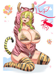 Rule 34 | 1girl, animal print, between legs, bikini, bikini top only, breasts, cleavage, dragon girl, dragon horns, closed eyes, hand between legs, highres, hood, hood up, hoodie, horns, horns through headwear, horns through hood, huge breasts, kobayashi-san chi no maidragon, long hair, looking at viewer, lucoa (maidragon), multicolored hair, navel, no shoes, open mouth, sitting, smile, solo, swimsuit, tail, thighhighs, tiger print, tiger stripes, tiger tail, utamaro, v arms, wariza