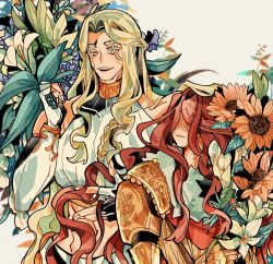 Rule 34 | 1boy, 1girl, aged up, armor, blonde hair, brother and sister, cape, closed mouth, covered eyes, drenched-in-sunlight, dress, elden ring, family, flower, long hair, malenia blade of miquella, mechanical arms, miquella (elden ring), prosthesis, prosthetic arm, red cape, red hair, siblings, simple background, single mechanical arm, smile, twins, very long hair