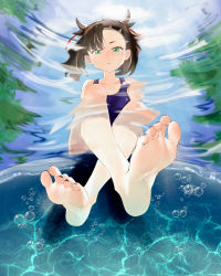 Rule 34 | 1girl, absurdres, air bubble, alternate costume, asymmetrical bangs, barefoot, bubble, collarbone, commentary request, creatures (company), crossed legs, day, eyelashes, feet, foot focus, from below, game freak, green eyes, hair ribbon, highres, huajuan cha, looking at viewer, marnie (pokemon), medium hair, nail polish, nintendo, one-piece swimsuit, pokemon, pokemon swsh, red ribbon, ribbon, ripples, sitting, soaking feet, soles, solo, swimsuit, toenail polish, toenails, toes, underwater