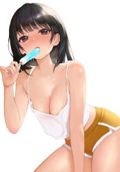 Rule 34 | 1girl, absurdres, bare shoulders, black eyes, black hair, blush, breasts, camisole, cleavage, collarbone, commentary, eating, eyelashes, food, highres, holding, holding food, holding popsicle, large breasts, medium hair, mole, mole under eye, open mouth, original, popsicle, raeun 46, short shorts, shorts, simple background, solo, sweat, thighs, white background, white camisole, yellow shorts