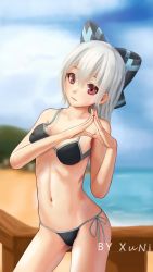 Rule 34 | artist name, bare shoulders, beach, bikini, black bikini, black bow, blue sky, blurry, bow, breasts, closed mouth, cloud, collarbone, commentary request, cowboy shot, day, depth of field, fingers together, girls&#039; frontline, hair bow, hands up, highres, hill, leaning to the side, lips, long hair, looking at viewer, midriff, navel, ocean, railing, red eyes, side-tie bikini bottom, silver hair, sky, small breasts, solo, striped, striped bow, swimsuit, tokarev (girls&#039; frontline), wooden railing, xu ni