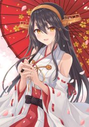 Rule 34 | 1girl, black hair, brown eyes, cherry blossoms, detached sleeves, gensoukitan, hair between eyes, hair ornament, hairclip, haruna (kancolle), headgear, highres, holding, japanese clothes, jewelry, kantai collection, light blush, long hair, looking at viewer, nontraditional miko, oil-paper umbrella, open mouth, red skirt, red umbrella, ribbon-trimmed sleeves, ribbon trim, ring, skirt, umbrella, wedding band