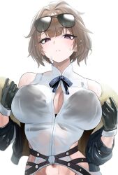 Rule 34 | 1girl, bare shoulders, black gloves, breasts, brown hair, cleavage, commission, girls&#039; frontline, gloves, grizzly mkv (girls&#039; frontline), highres, jacket, kazane-wind, large breasts, light frown, navel, off shoulder, purple eyes, ribbon, second-party source, shirt, short hair, solo, sunglasses, sweat, upper body, wet, wet clothes, wet shirt