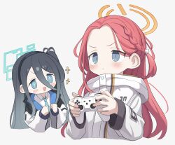 Rule 34 | 2girls, aris (blue archive), atat250, black hair, blue archive, blue eyes, blue necktie, blush, braid, controller, forehead, game controller, hair between eyes, hairband, halo, highres, holding, holding controller, holding game controller, jacket, long hair, long sleeves, multiple girls, necktie, one side up, open mouth, playstation controller, red hair, shirt, simple background, white background, white shirt, yuzu (blue archive)