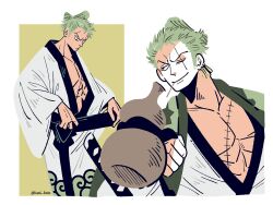 Rule 34 | 1boy, black sash, chonmage, commentary request, cowboy shot, earrings, green hair, holding, japanese clothes, jewelry, kimono, kuroihato, looking down, looking to the side, male focus, multiple views, obi, one eye closed, one piece, roronoa zoro, sash, scar, scar across eye, scar on chest, sideburns, simple background, smile, solo, twitter username, upper body, v-shaped eyebrows
