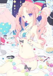 Rule 34 | 1girl, angel wings, bad id, bad pixiv id, balloon, belt, bow, bra, bracelet, bridal garter, candy, clover4th, food, garter belt, glasses, hair bobbles, hair bow, hair ornament, hairclip, hat, heart, heart-shaped eyewear, heart-shaped glasses, jewelry, lingerie, lollipop, mouth hold, navel, necklace, nyanya, original, panties, pink hair, purple eyes, sitting, solo, star (symbol), striped clothes, striped panties, twintails, underwear, underwear only, wings