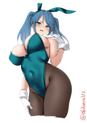 Rule 34 | 1girl, animal ears, blue eyes, blue hair, blue leotard, blush, breasts, ebifurya, embarrassed, gloves, highleg, highleg leotard, highres, isuzu (kancolle), kantai collection, large breasts, leotard, long hair, looking at viewer, open mouth, pantyhose, playboy bunny, rabbit ears, simple background, solo, white background, white gloves