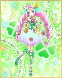 Rule 34 | blush, braid, cure felice, flower, gloves, green eyes, ha-chan (mahou girls precure!), hanami kotoha, highres, long hair, magical girl, mahou girls precure!, pink hair, precure, smile, twin braids